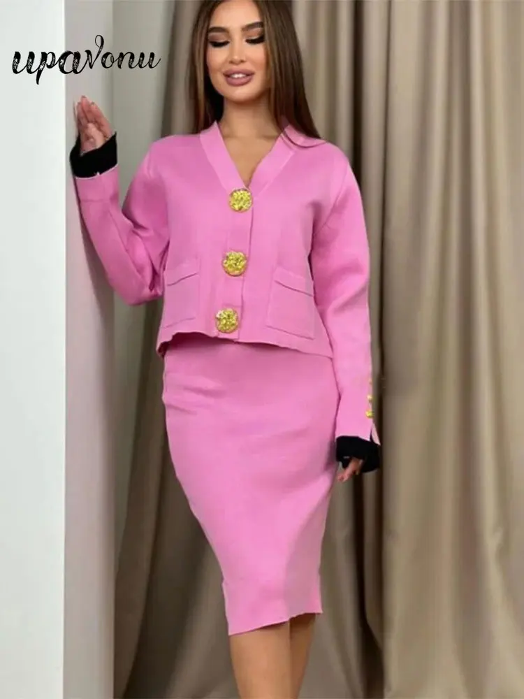 Casual Women'S Knitted Sweater Skirt Sets V-Neck Long Sleeved Single Breasted Knitted Sweater Cardigan+Midi Skirt Two Piece