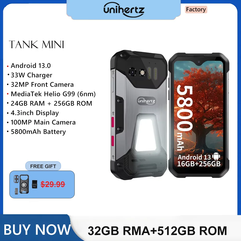 Unihertz 8849 Tank Mini1 Rugged Mini Phone 4.3" Display Android 13, Helio G99 Octa Core, 16GB 256GB, 100MP Cameras, 5800mAh