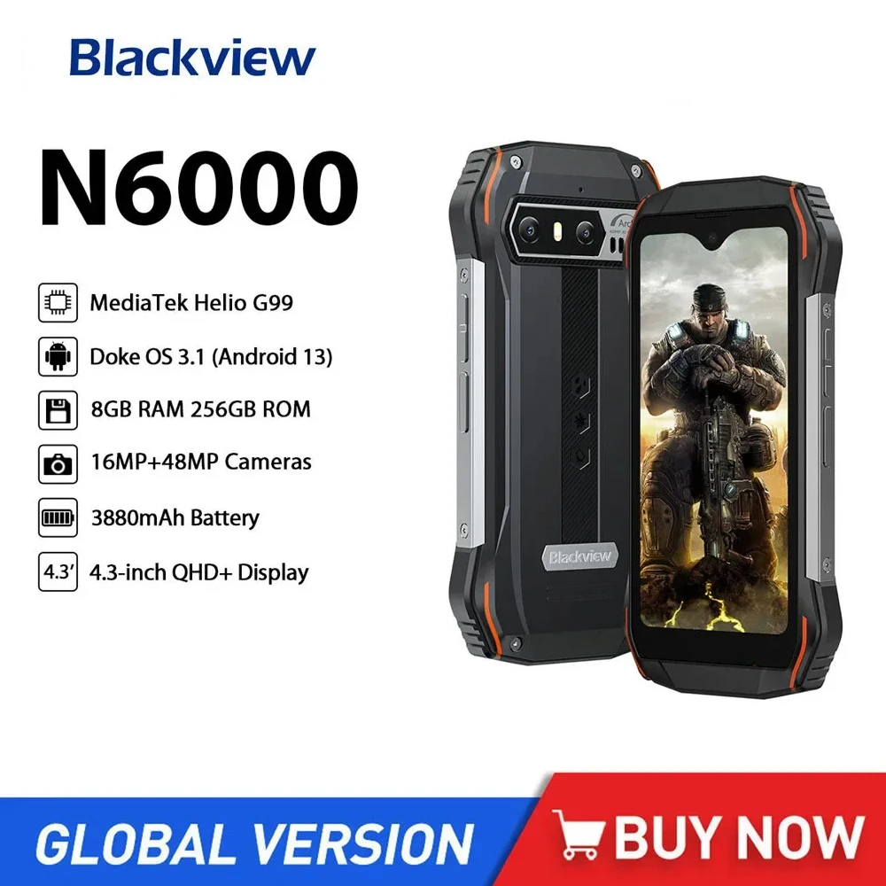 Blackview N6000 Rugged 4G Smartphone Octa Core 8GB+256GB 4.3Inch Display 3880mAh Battery Android 13 Mobile Phone 48MP Camera NFC