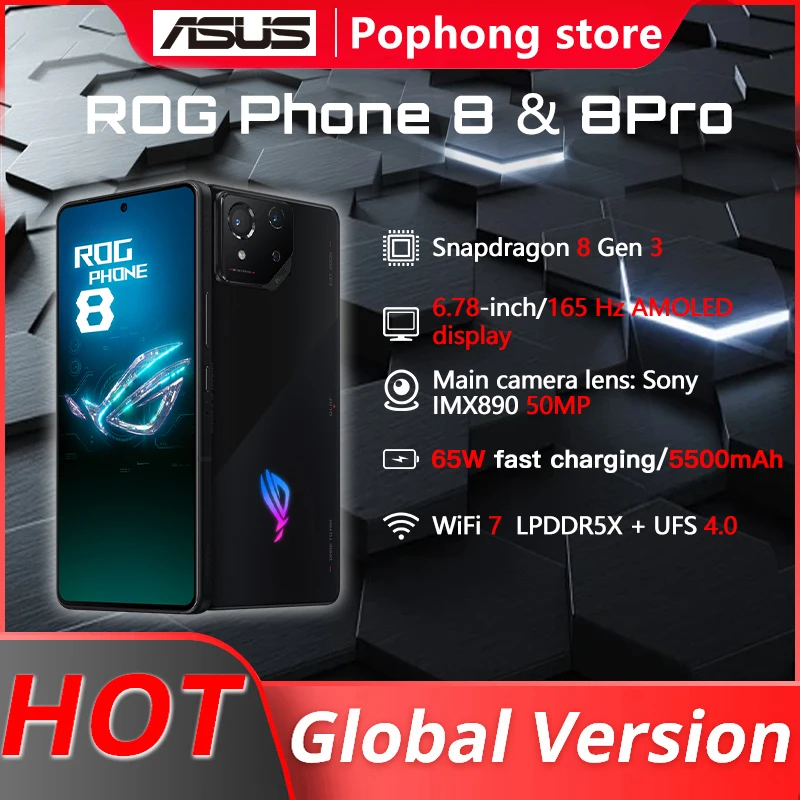 Global Version ROG 8 & 8 Pro Gaming Phone 6.78'' Snapdragon 8 Gen 3 5500mAh 65W Fast Charge GPS Triple Cameras