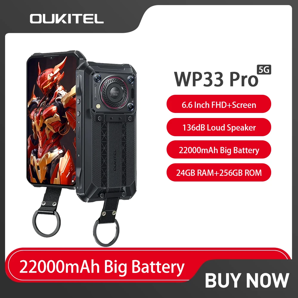 Oukitel WP33 Pro 5G Rugged Phone 6.6 Inch FHD+ 24GB+256GB Smartphone Android 13.0 22000mAh 64MP Cell Phone 33W Fast Charge NFC