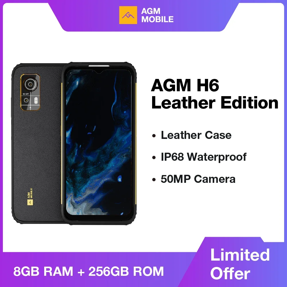 AGM H6 Leather Edition 4G Rugged Waterproof Smartphone 50MP Camrea 16+256GB ROM, IP68/IP69K, 6.56" HD+, NFC Support, Androi