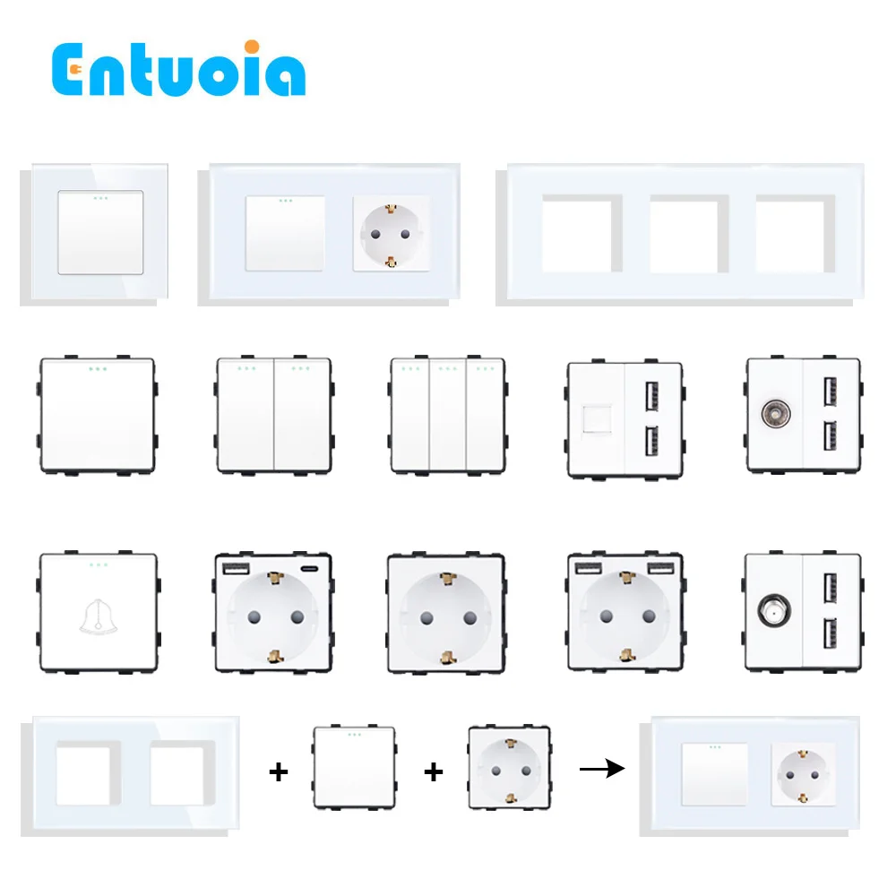ENTUOIA Wall Light Switches Glass Panel Parts White USB Type-C Sockets Function Parts DIY EU CAT6 TV Sockets Power Outlet Parts