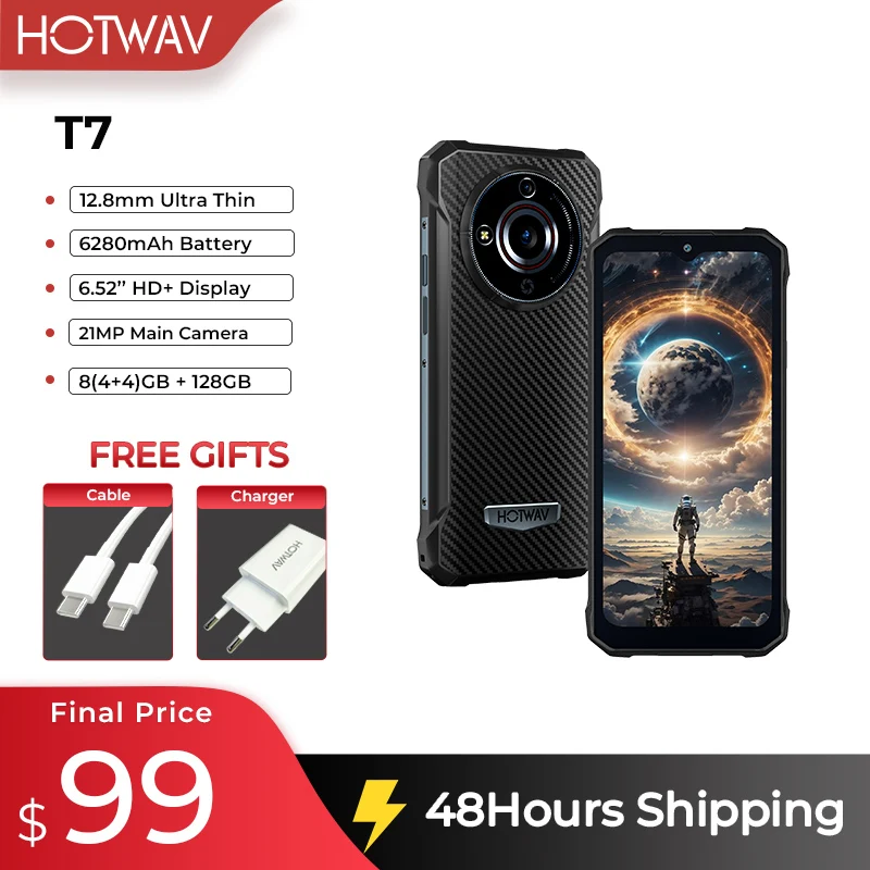 HOTWAV T7 Rugged Outdoor Lightweight Cellphone Android 13 6280mAh Massive Battery 6.52'' HD+ Display 20MP Rear Camera 