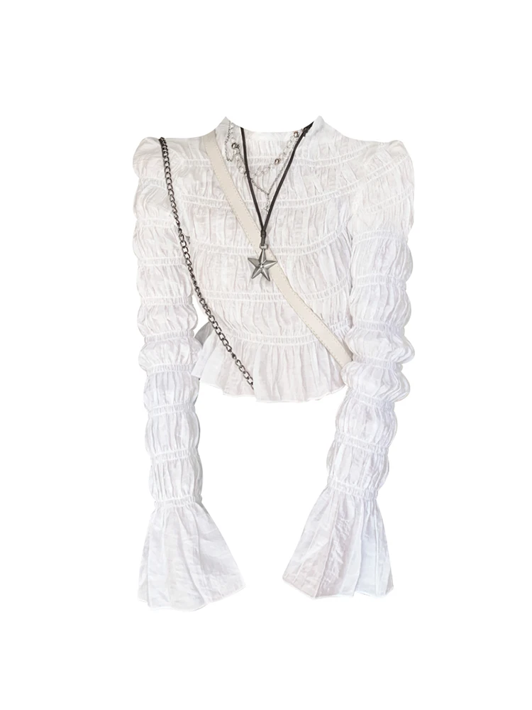 Women Old Money French Vintage Draped T-Shirts Gyaru Flare Long Sleeve Tees Design Mori Girl Crop Top 2000s Aesthetic Elegant