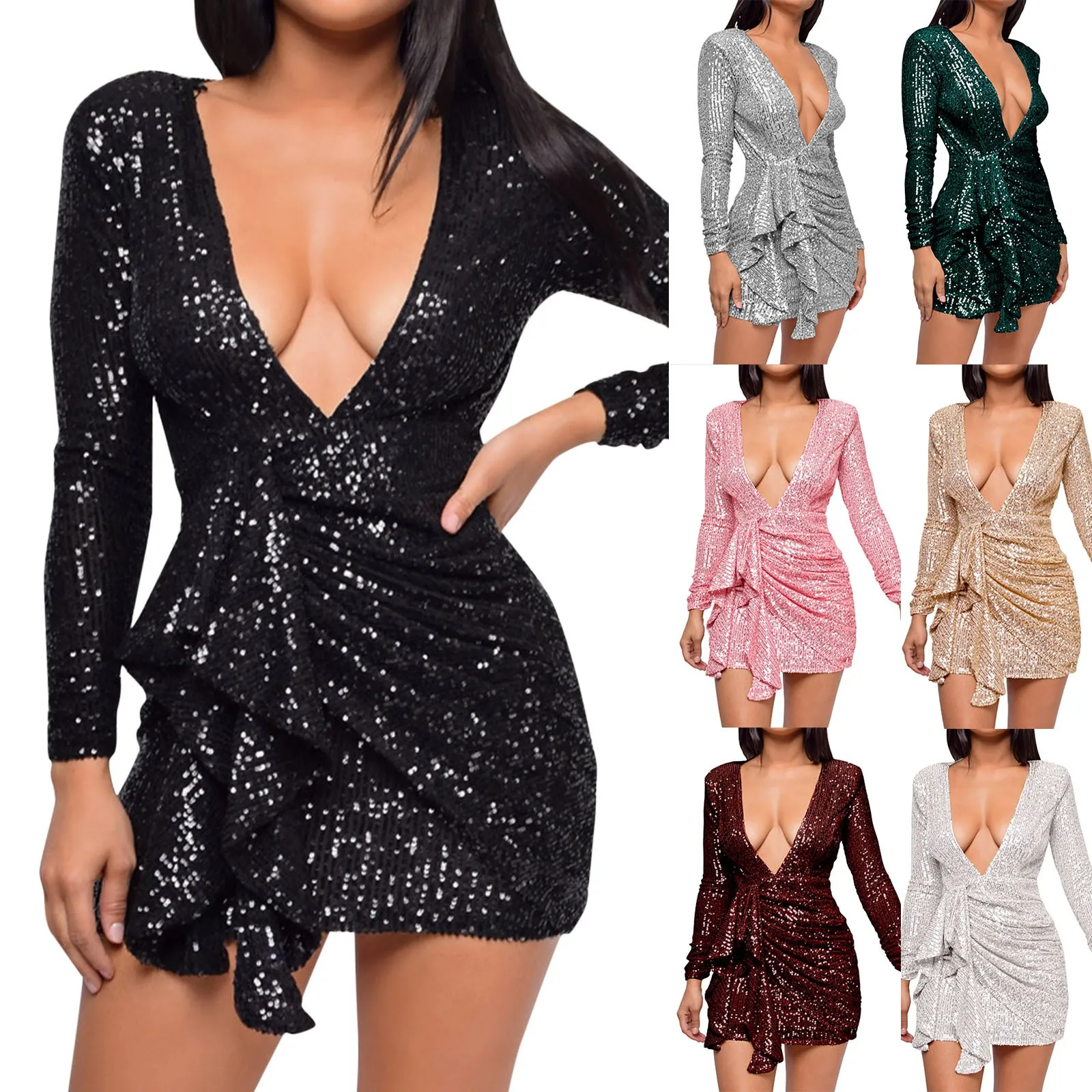 Deep V Pleated Leaf Belt Women'S Dress Long Sleeve Fashion Sequin Female Elegant Formal Dresses Cocktail Party Evening Vest