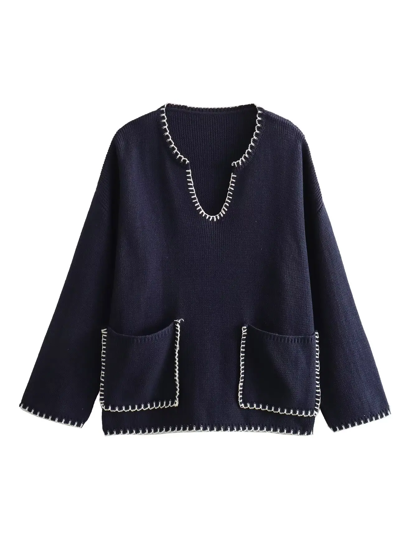 Plus Size Women's Clothing Sweater Knitted Sweater Decorated With White Lines And Crochet Strokes Spring Autumn Loose Pullo