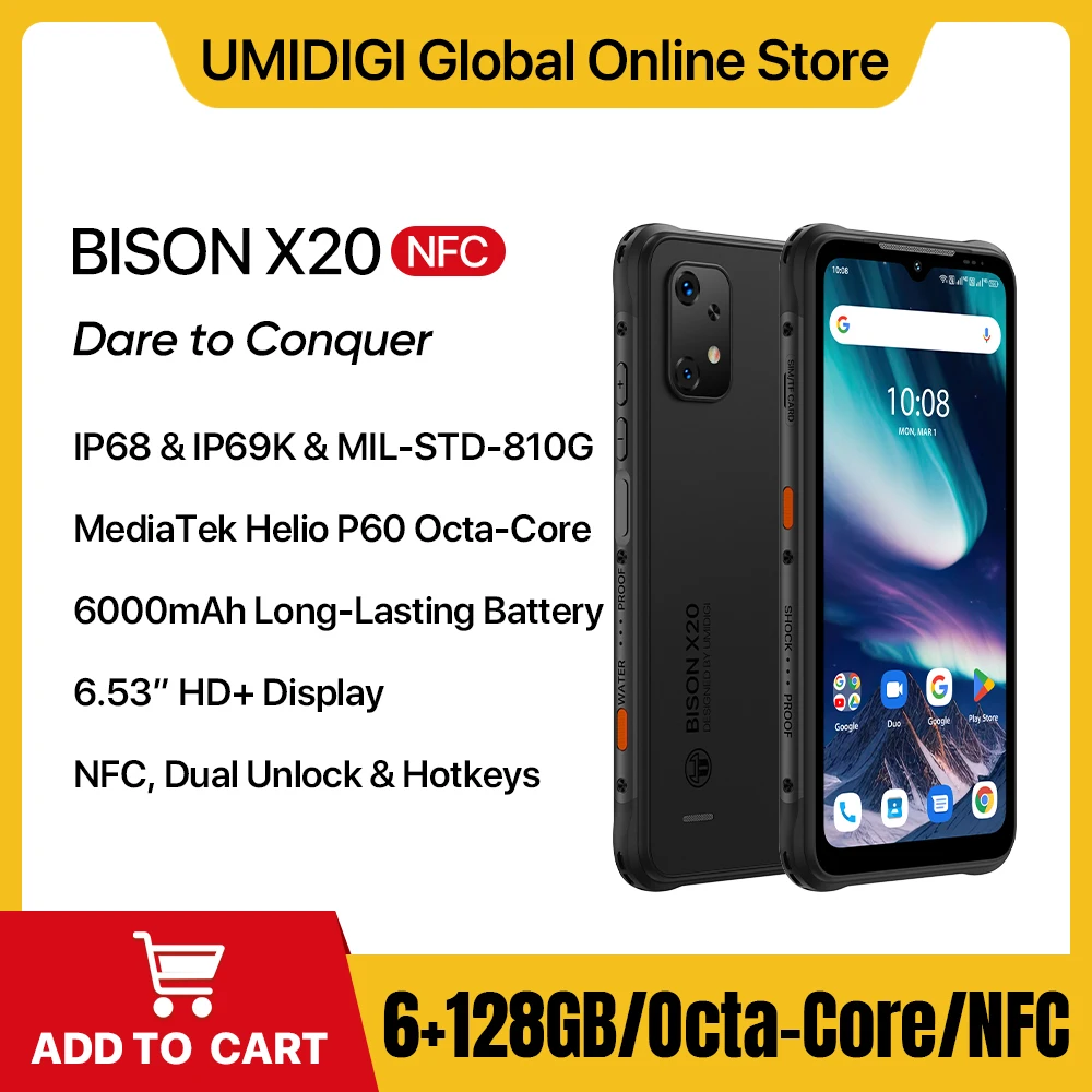 UMIDIGI BISON X20 Rugged Phone IP68,6000mAh Battery,NFC,12GB RAM(6+6G)128GB ROM,6.53’’HD+,Helio P60,20MP Camera Android 13 Phone