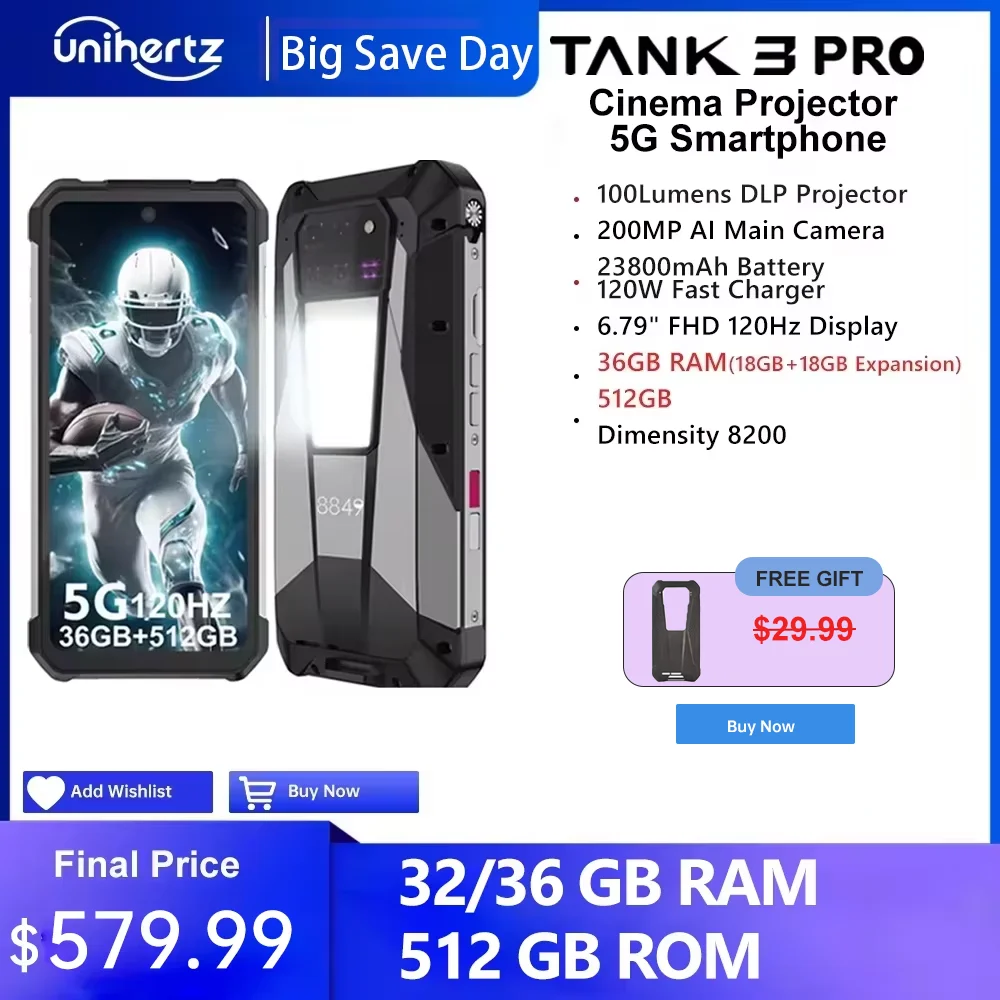 Unihertz Tank 3 Pro 8849 with 100 Lumens 120Hz Projector ,32GB/36GB RAM,512GB ROM,23800mAh 120W Fast Charger,5G,200MP Camera
