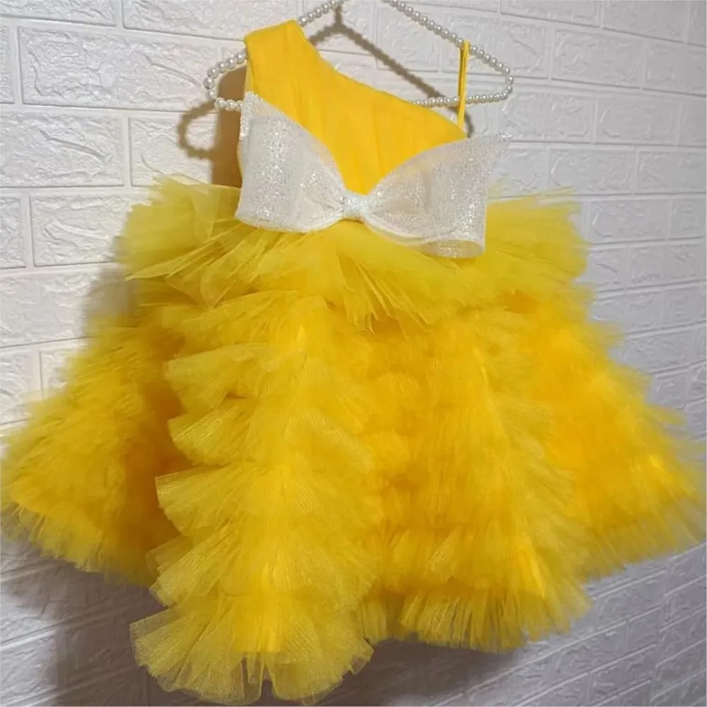 Princess Dress Yellow Multi layered Girl's One Shoulder Strap Princess Dress Mesh Fluffy Cake