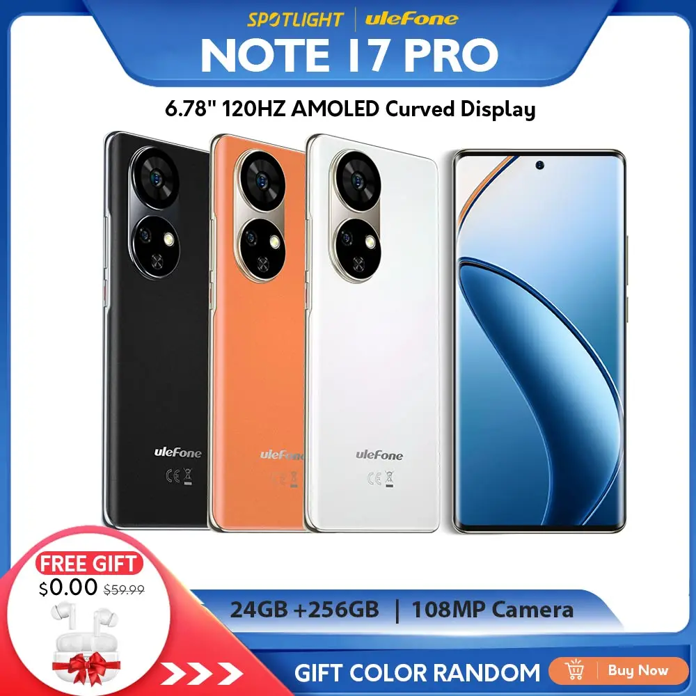 Ulefone Note 17 Pro Smartphone 6.78" 120HZ AMOLED Curved Display 24GB+256GB 108MP Camera 5050mAh Global Version