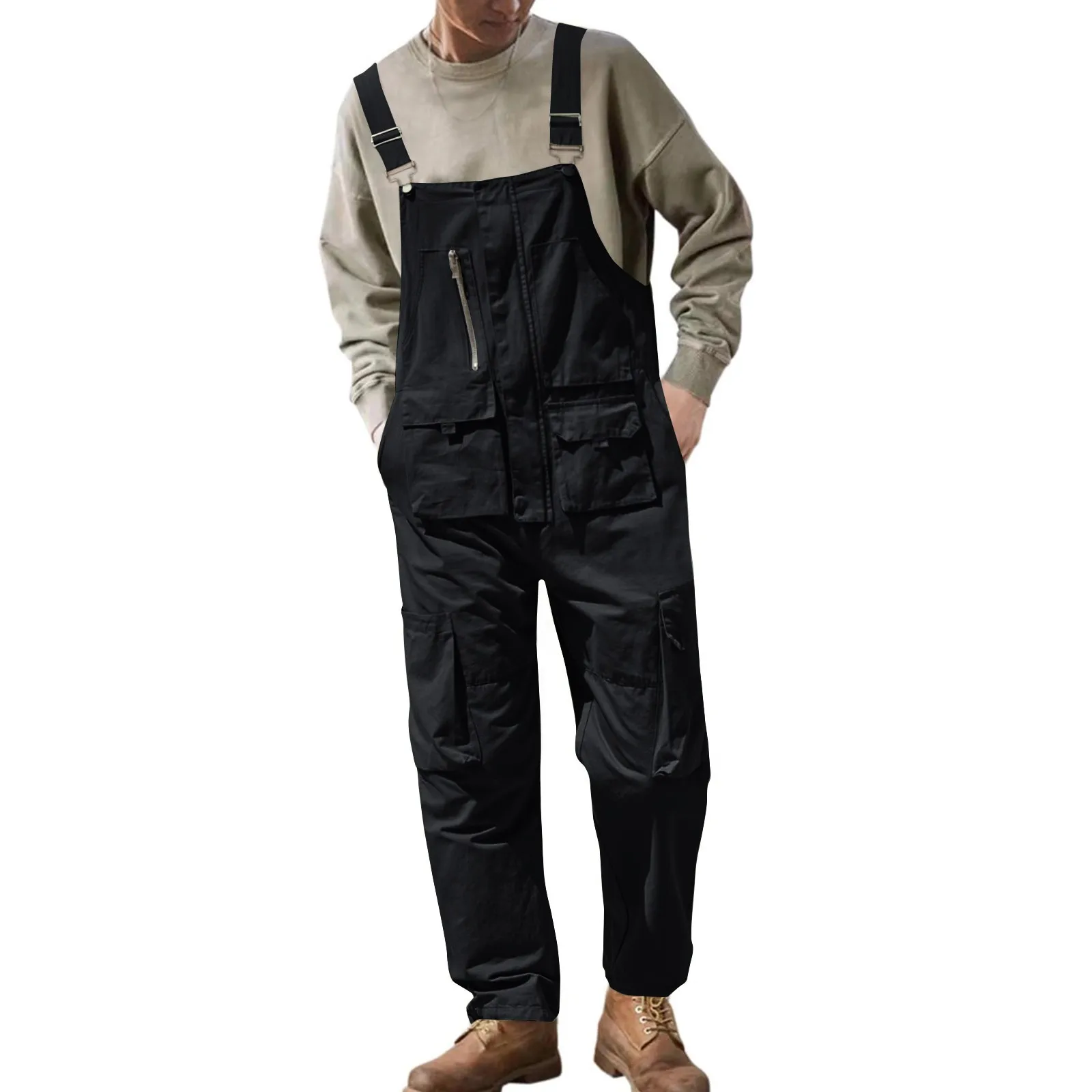 Men Solid Color Cargo Jumpsuits Casual Fashion Loose Bib Overall Daily Street Trend Work Dungarees Adjustable Oversized Romper