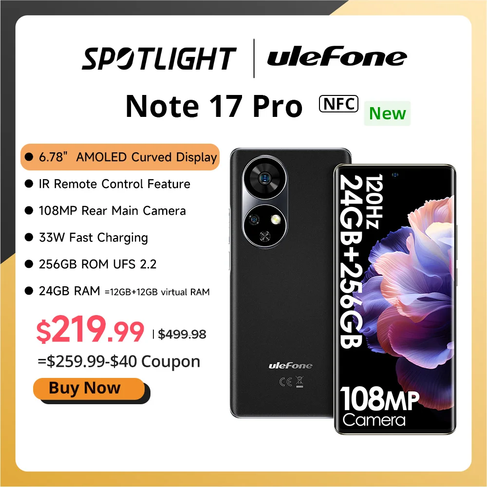 Ulefone Note 17 Pro 6.78" 120HZ AMOLED Curved Display 24GB+256GB MTK Helio G99108MP Camera 5050mAh Global Versi
