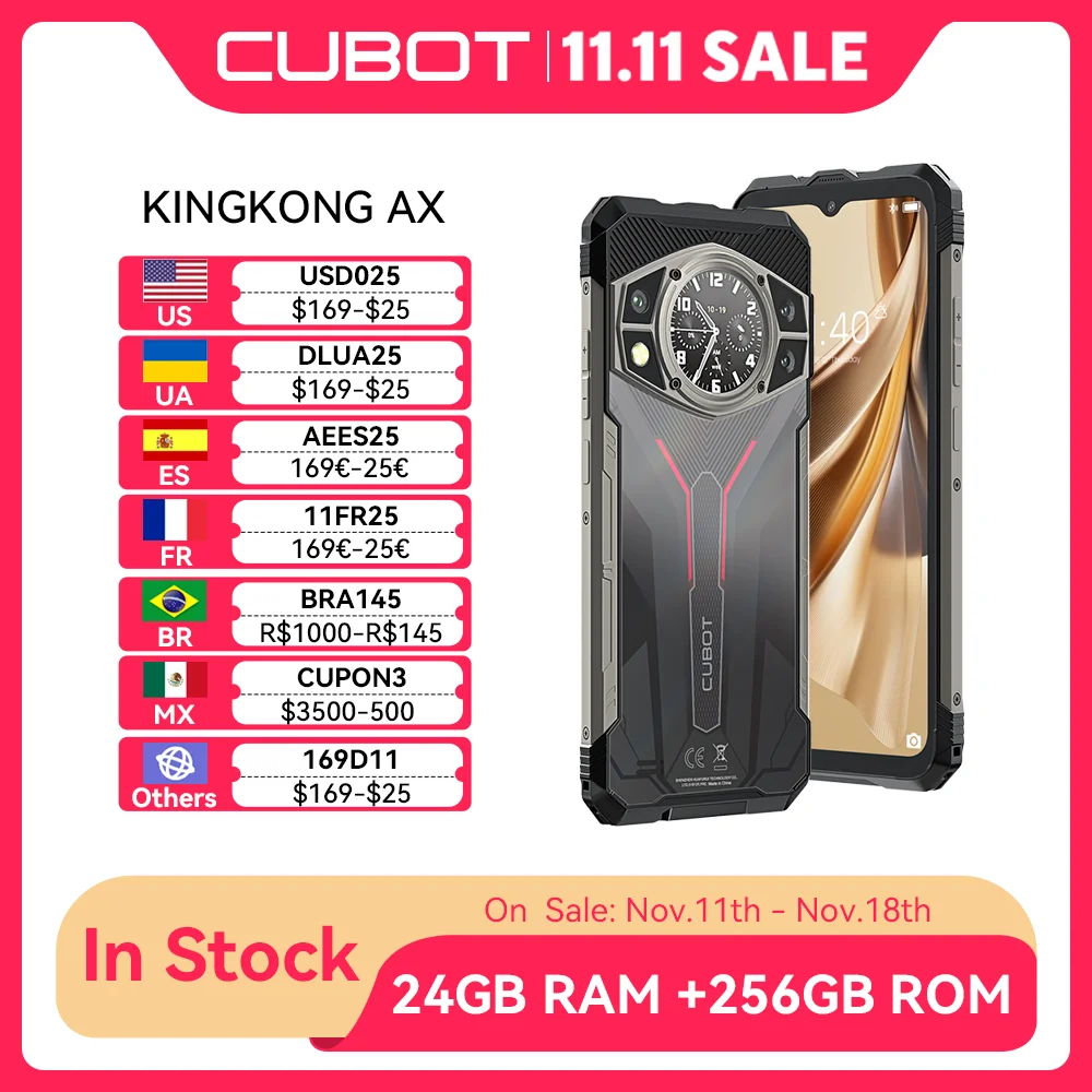 Cubot KINGKONG AX, Ultra-thin Rugged Smartphone Android 14, Helio G99, 24GB RAM(12+12GB), 256GB ROM, 120Hz Screen, 100MP, NFC