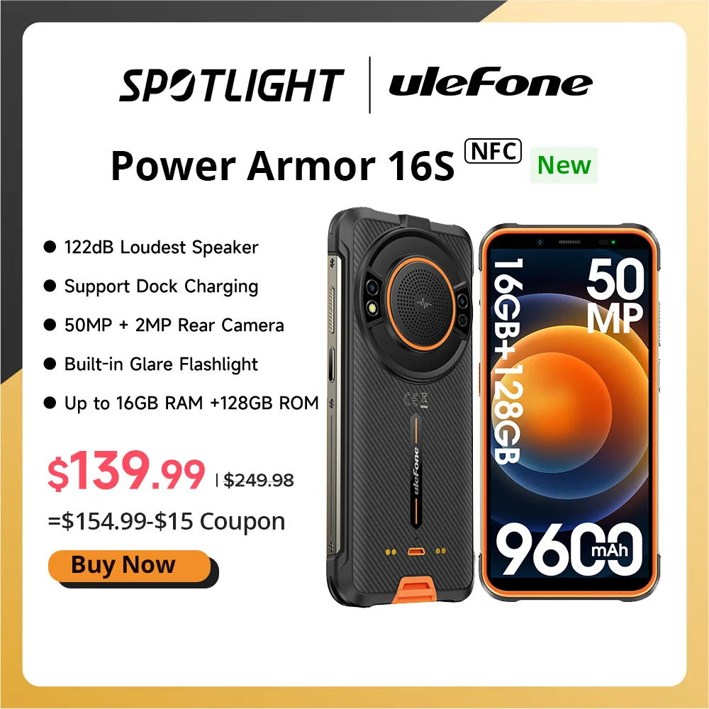 Ulefone Power Armor 16S ,NFC 16GB RAM 128GB ROM,50MP Camera, 9600mAh ,122dB Loudest Speaker, Global Version ,Android