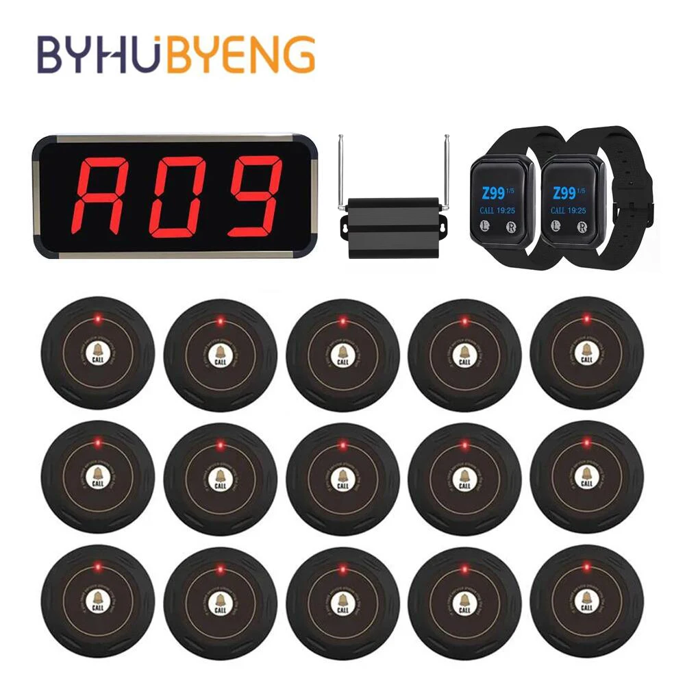 BYHUBYENG Restaurant Pager System Pager Calling Wireless Waiter Call 15 Call Button + 2 Watch Receiver+Signal Amplifier Repeater