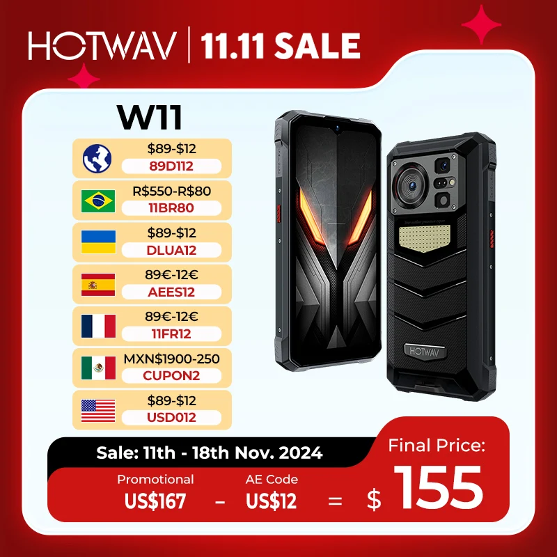 HOTWAV W11 Rugged Phone 280LM Flashlight 6.6'' FHD+ 20800mAh Battery Smartphone 24MP Night Vision 33W Fast Charging Mo
