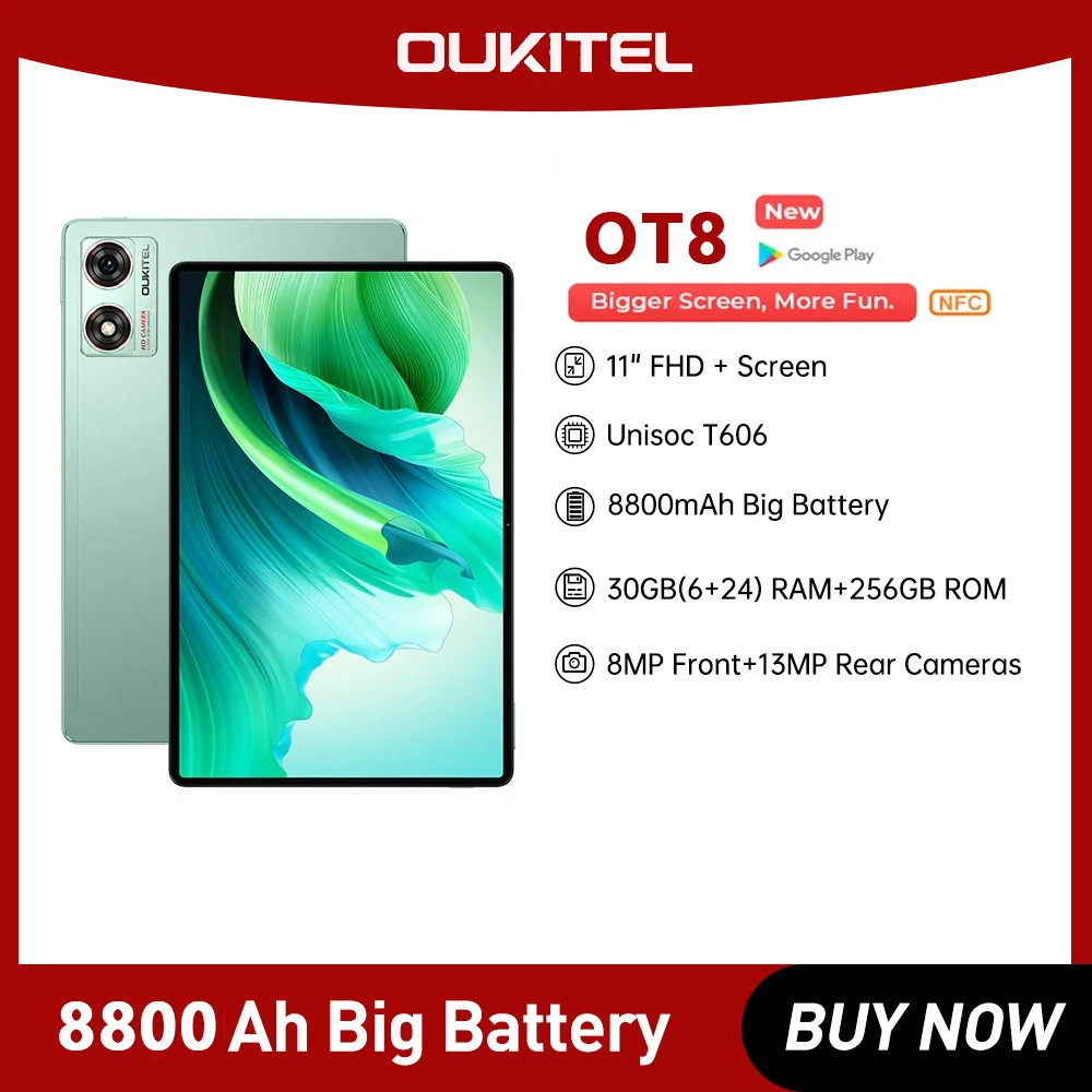 Oukitel-OT8 Tablet with Rear Camera, 11 ", 4G, FHD + Display, 6GB RAM, 256GB ROM, 8800mAh, Android 13 Tablets, 13MP