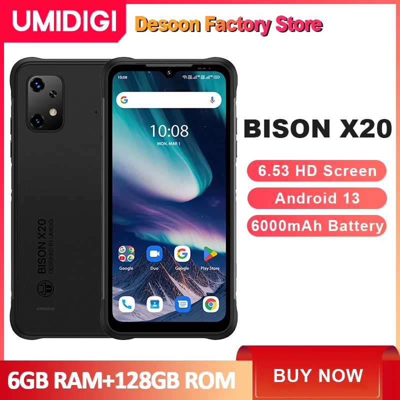 UMIDIGI BISON X20 Rugged cellphone 6.53" HD Screen Helio P60 Octa-Core 6GB+128GB 6000mAh Battery Android 13 NFC