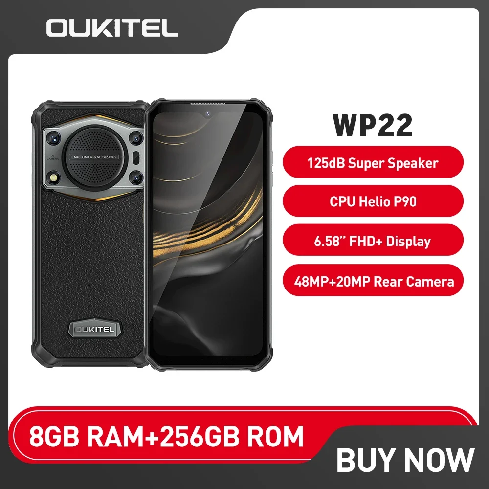 Oukitel WP22 Rugged Smartphone Android 13 8GB+256GB Mobile Phones 6.58 Inch FHD+ 10000mAh 48MP Super Loud Speaker Cellphone NFC