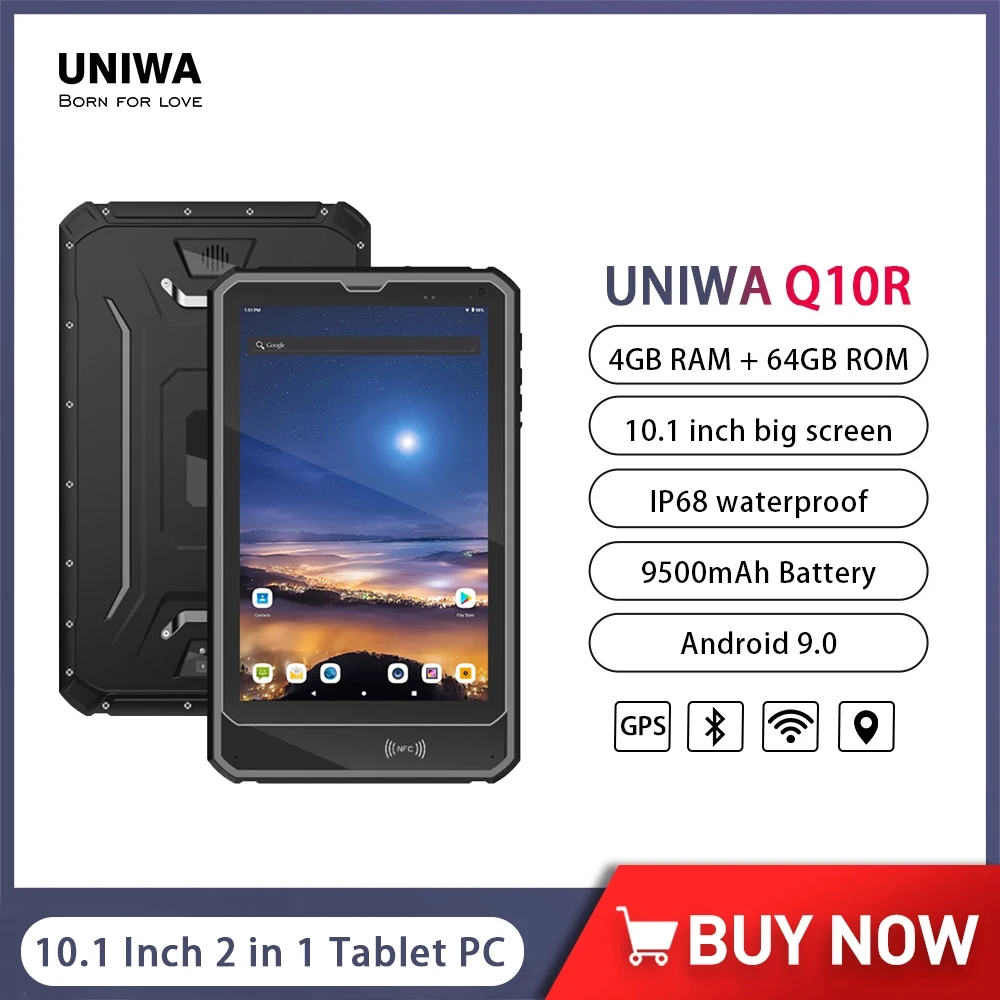 UNIWA Q10R 10.1 Inch Rugged Tablet PC 4GB+64GB Octa IP68 Waterproof 2 in 1 Smartphone Android 9 4G Computer Tablet 9500mAh NFC