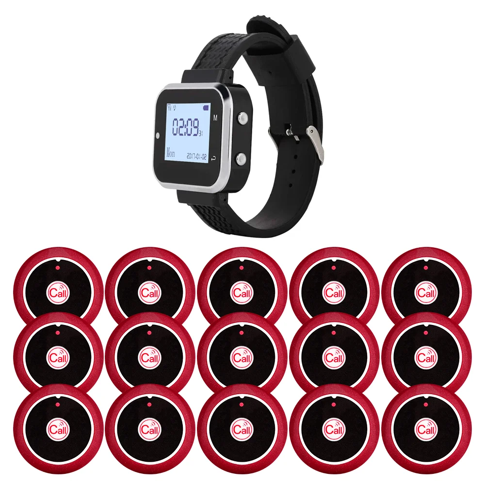 JINGLE BELLS 1pcs Watch Receiver 15Pcs Table Button Restaurant Pager Waiter Wireless Calling System for Plant Hospital Bar Cafe