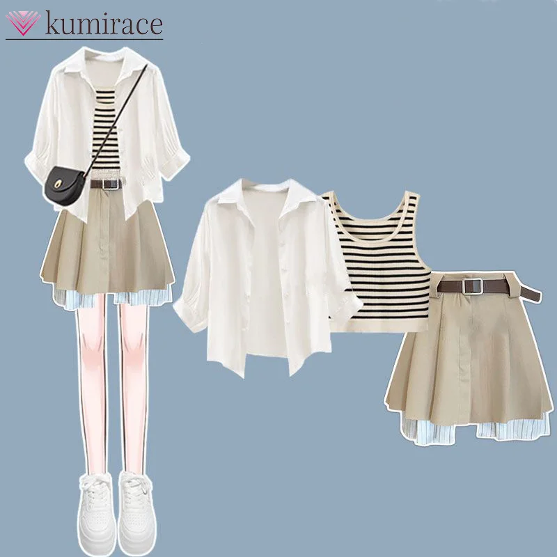 Summer Outfit Set 2024 Korean Version New Short Sleeved Shirt Top Women's Slimming Vest Versatile Short Skirt Three Piece S