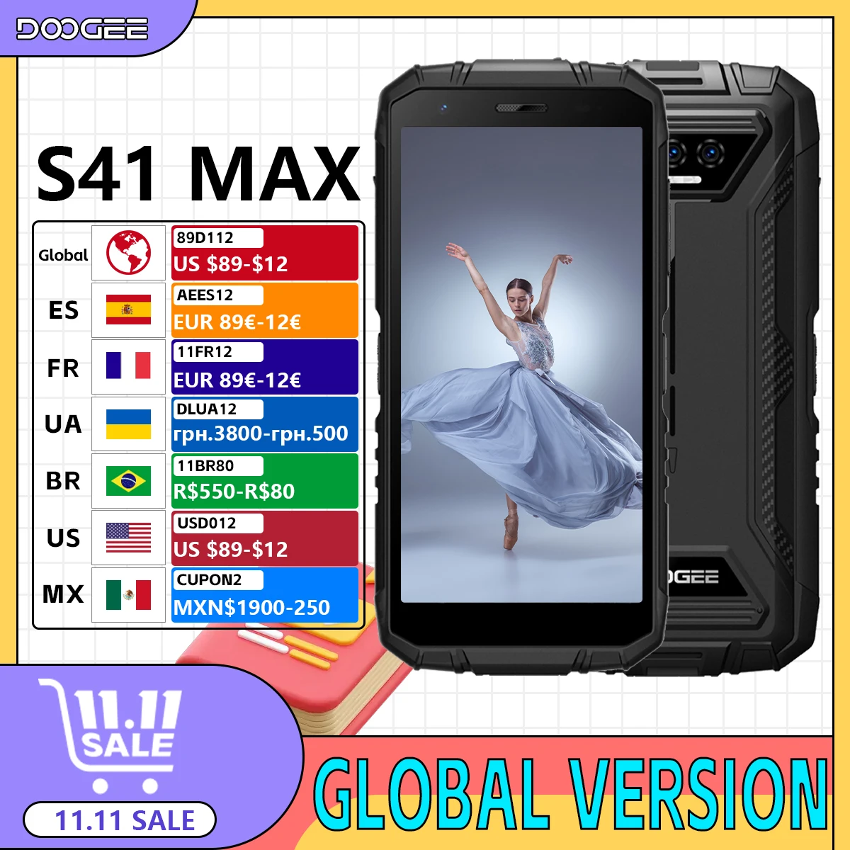 DOOGEE S41 Max Rugged Phone 5.5" IPS HD 16GB 256GB 13MP AI Camera 6300mAh Spreadtrum T606 Quad Core Android 13 NFC 4G Cellp
