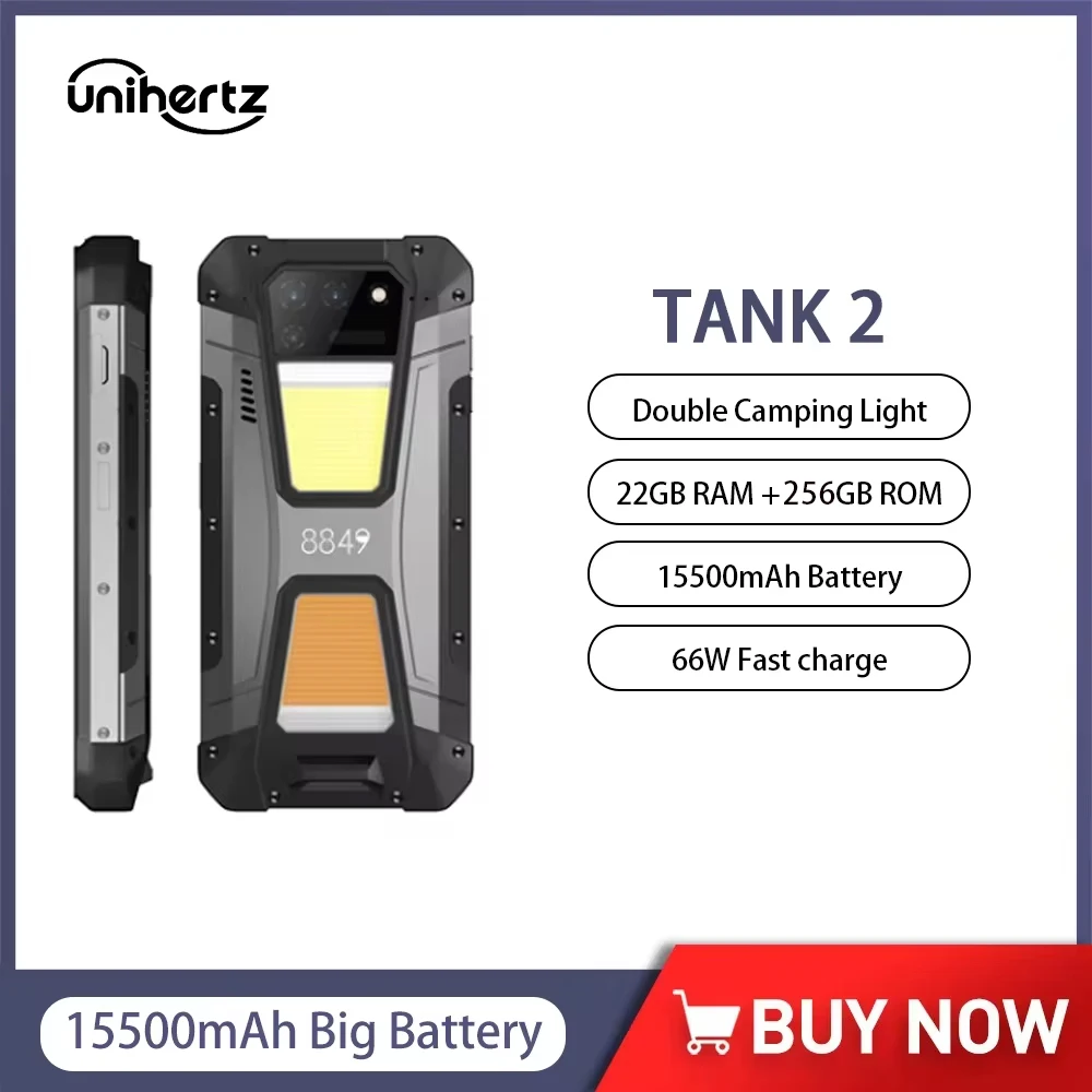 Unihertz 8849 Tank 2 Projector Rugged Phone 256GB ROM 15500mAh Mobile Phone 108MP Camping Light 64MP Night Vision Cellphone NFC