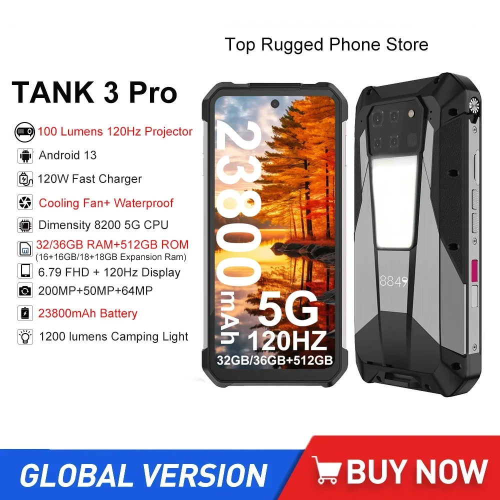 8849 Tank 3 Pro Rugged 5G Smartphones With 100 Lumens Projector Octa Core 32/36GB+512GB 200MP Camera 23800mAh 120W Fast Charging