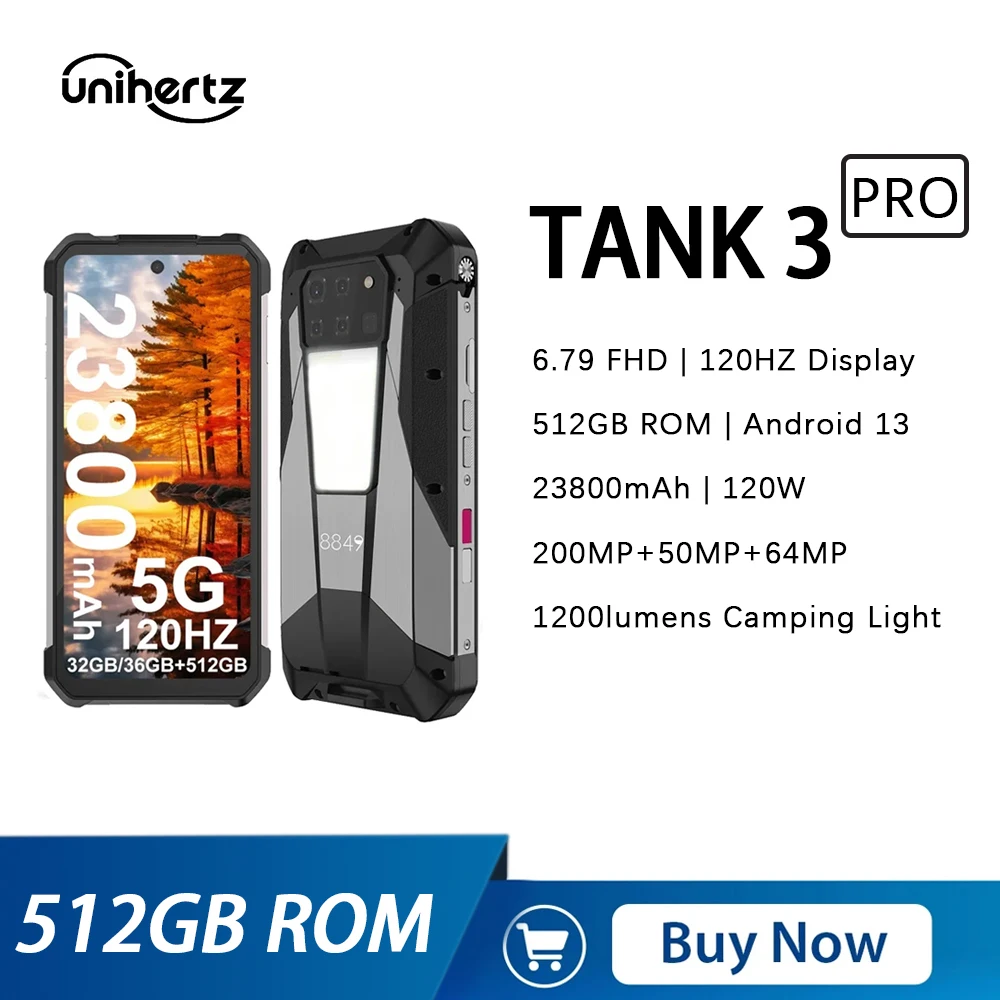 8849 Tank 3 Pro by Unihertz 5G Rugged Smartphone 100 Lumens 23800mAh 16/18GB+512GB Octa Core Cell Phone 200MP 120W Fast Charger
