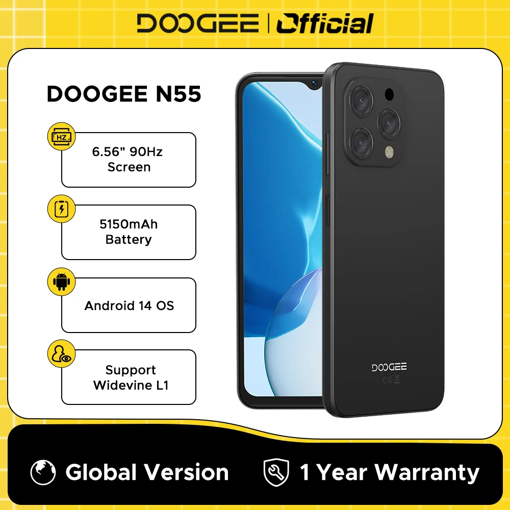 World Premiere DOOGEE N55 Smartphone 6.56" 90Hz IPS Screen 9GB RAM+128GB Face Unlock 5150mAh Large battery Octa Core Androi