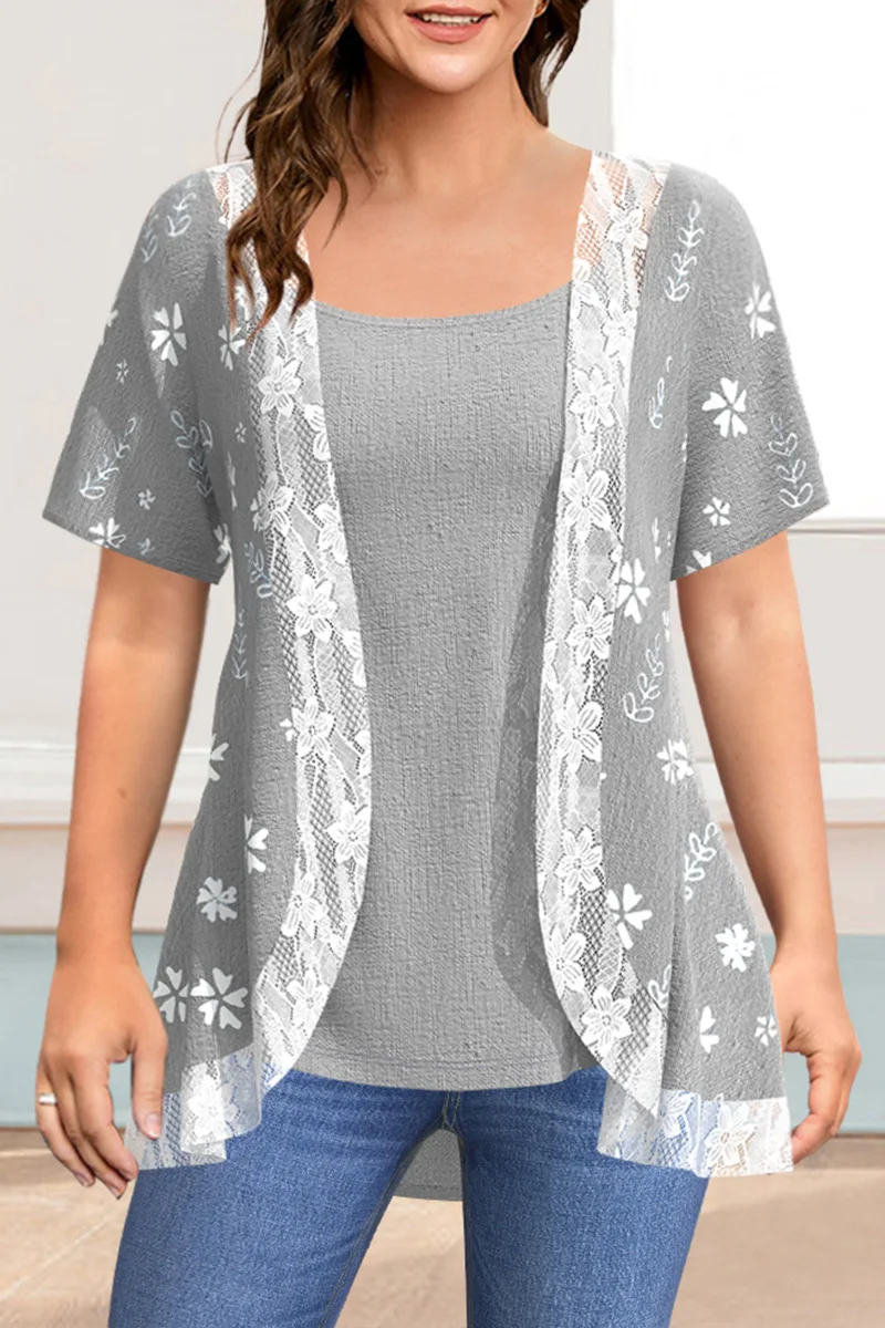 Flycurvy Plus Size Summer Casual Grey Linen Floral Print Lace Stitching Outer Shirt with Vest Two Pieces Blouse