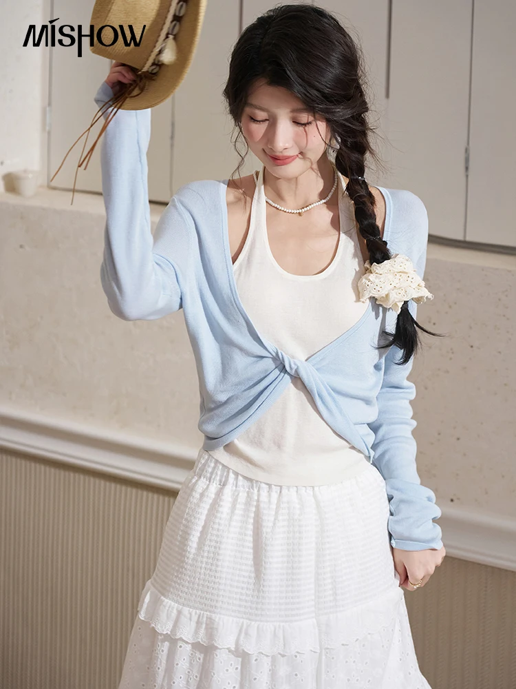 MISHOW Design Cross Knot Long Sleeve Suspender Two-piece Set for Women 2024 Spring Retro Gentle Solid High Waist Top MXD15Z0554