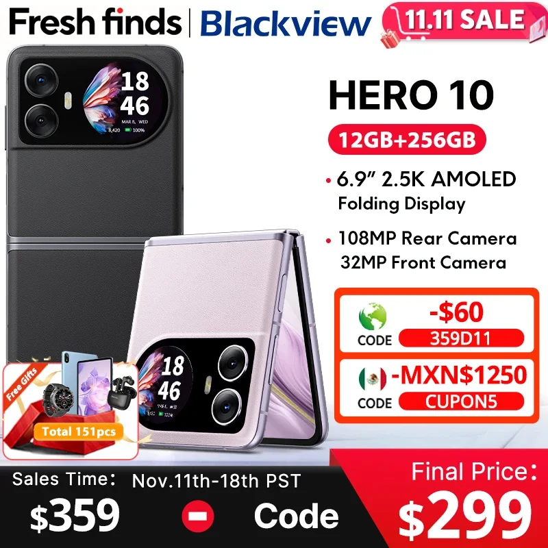 World Premiere Blackview HERO 10 Smartphone 6.9 inch AMOLED Folding Display 12GB 256GB 108MP Camera MTK Helio G99 45W Charging
