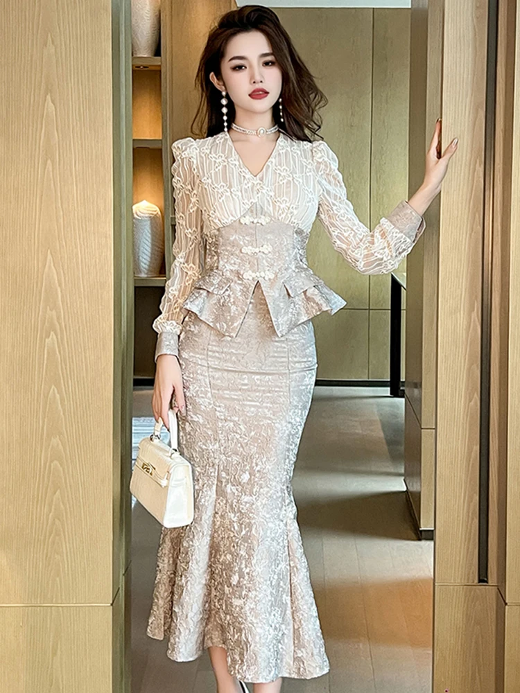 Celebrity Style 2 Pieces Outfits Women Grey Jacquard Ruffles Tops Blouse Shirt Long Fishtail Skirts Sets Banquet Party Outfits