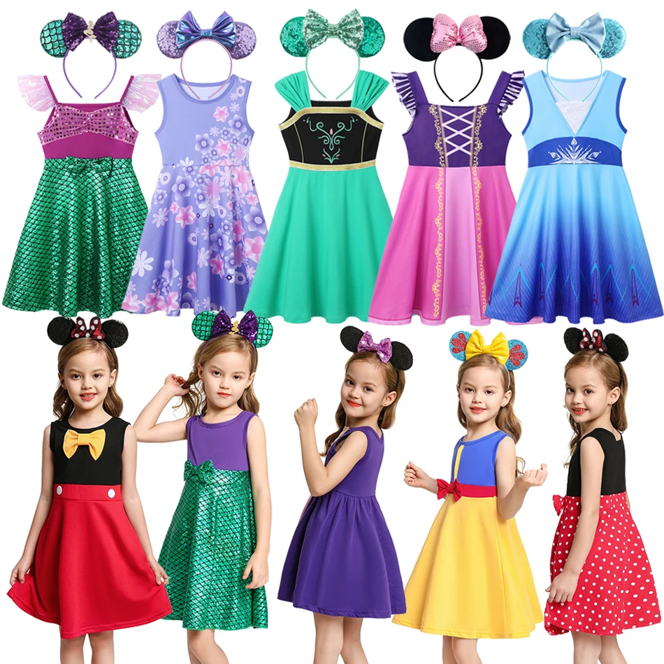 Summer Girls Princess Dress Ariel Disney Frozen Elsa Daily Casual Clothes Kids Cotton Birthday Children Costume