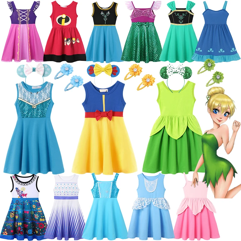 Girls Cosplay Frozen Belle Rapunzel Jasmine Mermaid Princess Costume Summer Casual Dress Kid Mickey Mouse Birthday Party Clothes