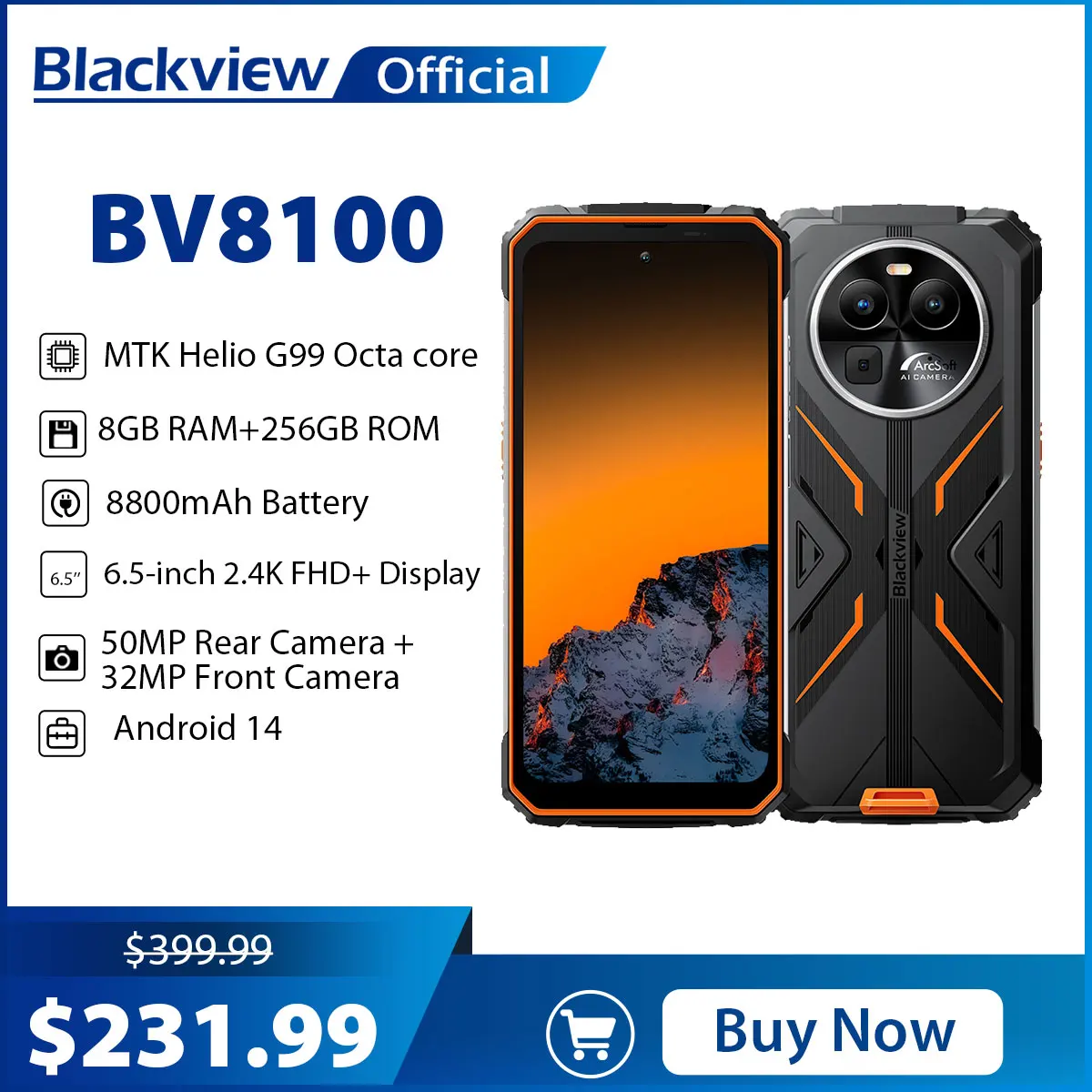 Blackview BV8100 Rugged Smartphone Helio G99 6.5" 2.4K FHD+ 120Hz 24(8+16)GB RAM 256GB Mobile Phone 50MP 8800mAh 45W Androi