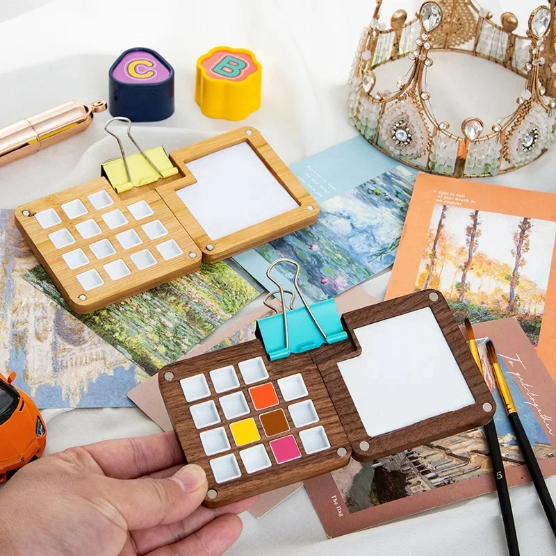 8/15Grids Empty Wooden Watercolor Palette Travel Portable Mini Watercolor Acrylic Paint Box Square Tray Box Art Painting Supplie