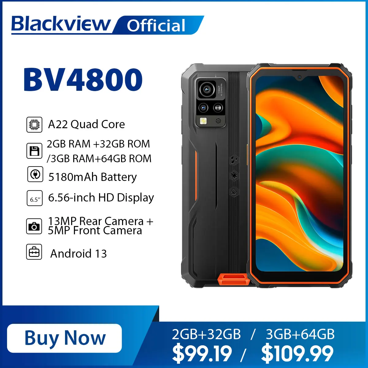Blackview BV4800 Rugged Smartphone 6.56'' HD Display A22 Quad Core 3GB 64GB 5180mAh Battery 13MP Camera Android 13 Pho