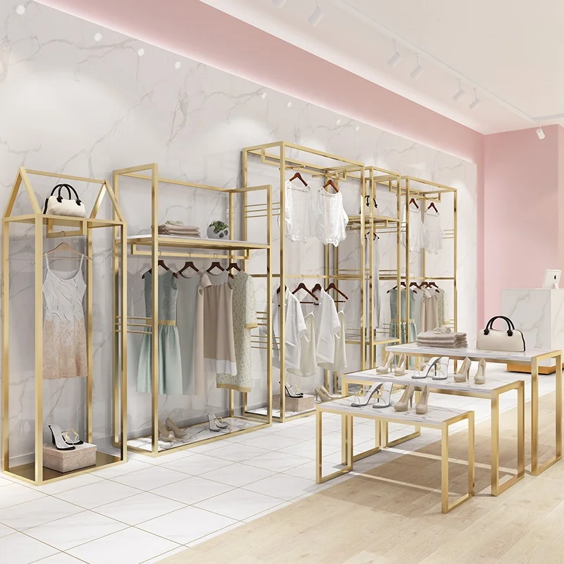custom，Gold clothing rack apparel retail nesting table clothes shelving garment display rack clothing store furniture