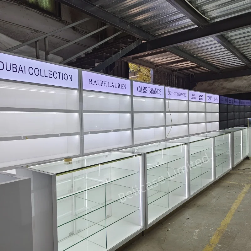 Custom, Modern Design Perfume Store Cabinet Custom Glass Showcase Store Display Cabinet Wall Display for Sale