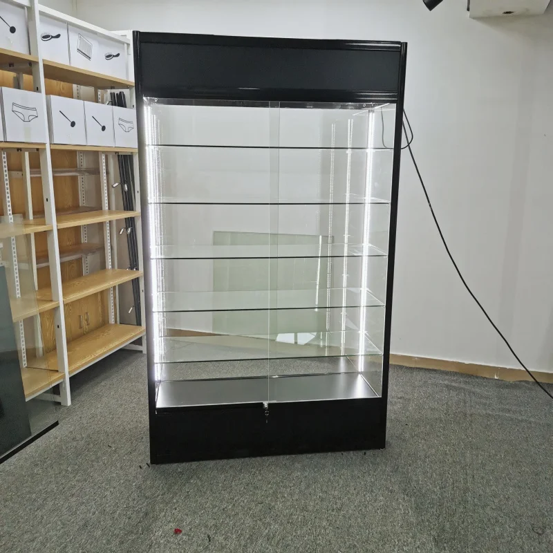 Custom, led retail shop glass display cabinet aluminum frame lockable glass display smoke shop showcase smoke