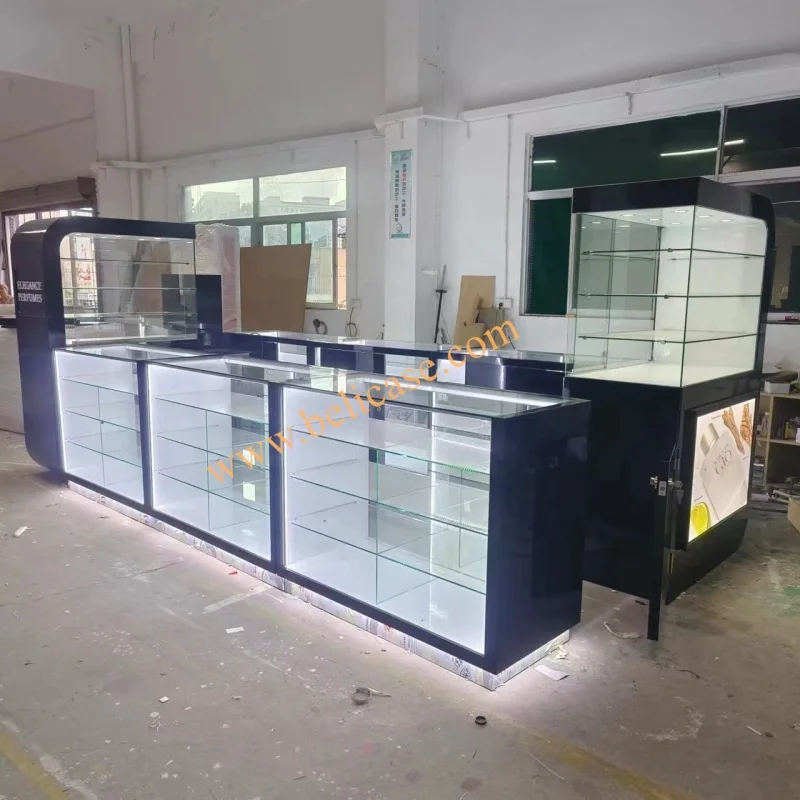 Custom factory Jewelry Display kiosk wood glass display cabinet shop counter shopping mall perfume showcase