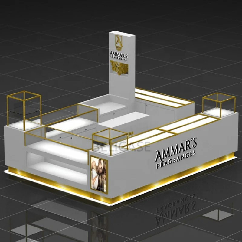 Custom, Luxury Perfume Kiosk with LED Light High-end Glass Perfume Display Counter Mall Kiosk Design for Perfume