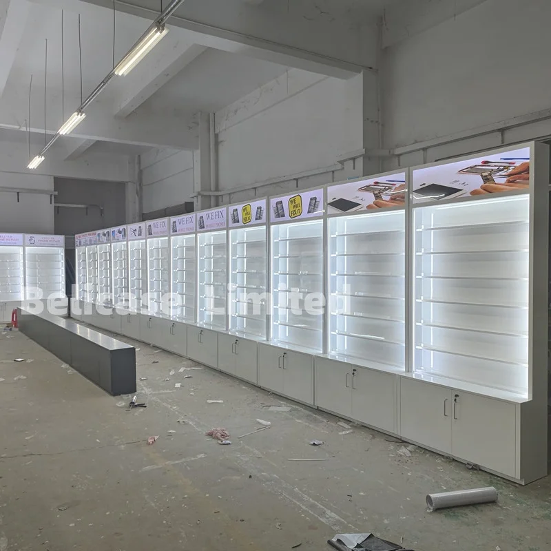 custom，Factory Price Phone Wall Cabinet Wooden Phone Cover Showcase Phone Repair Store Design and Fixture