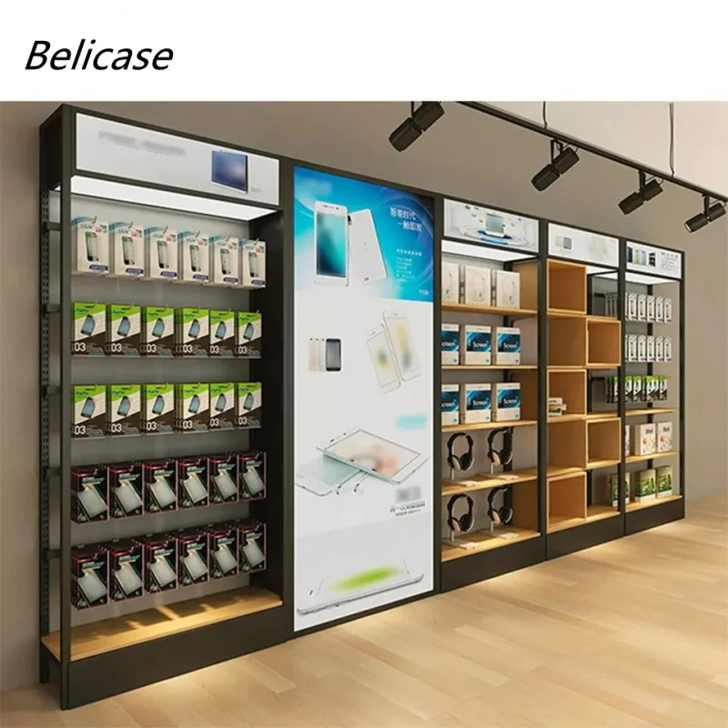 Custom, wall pegboard phone accessory showcase for mobile phone shop decoration design furniture with LED lights