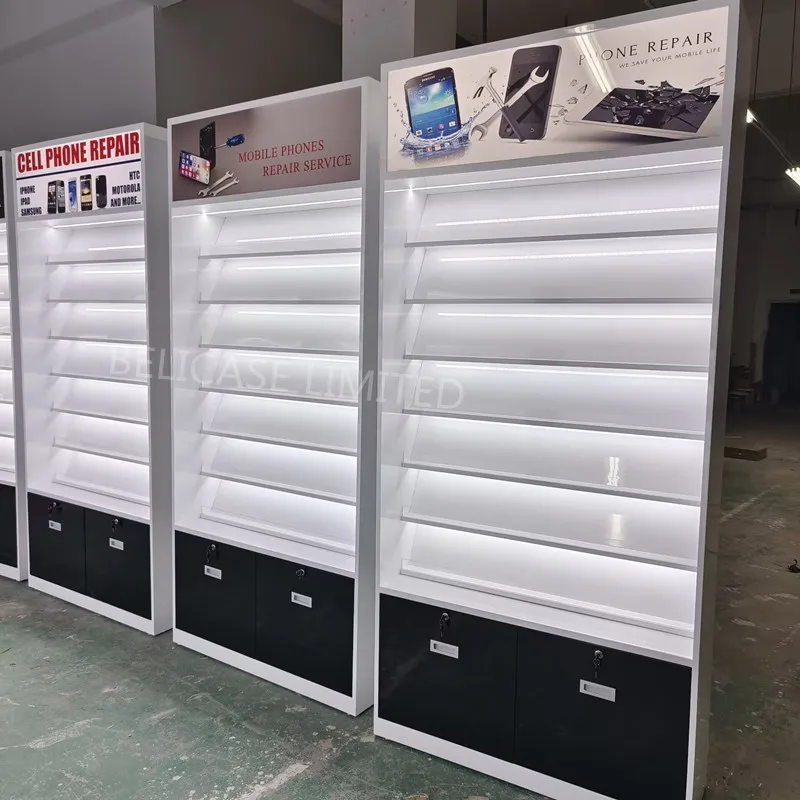 Custom, mobile phone shop interior design phone wall display cabinet fancy style cell phone accessories display showcase