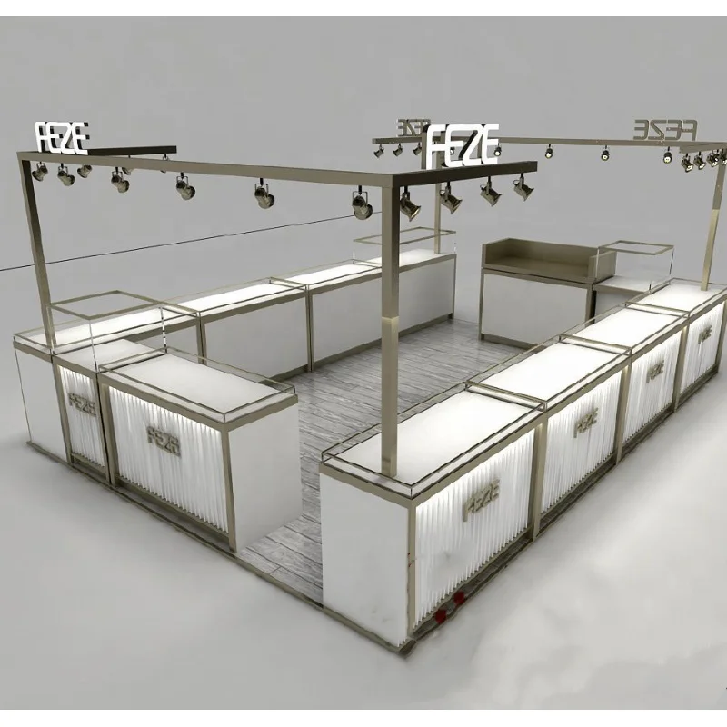 Custom, Modern Glass Counter Mall Jewelry Kiosk 3D Jewelry Display Kiosk Design